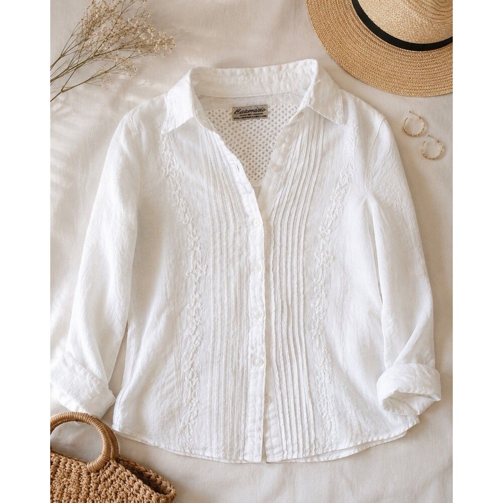 Caamano Womens XL White 100% Linen Pintuck Embroidered Button Front Blouse